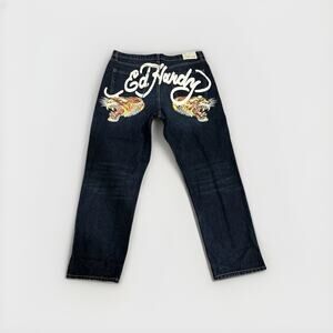 Ed Hardy Jeans Tiger Head Mens Size 40 Dark Wash Loose Fit
